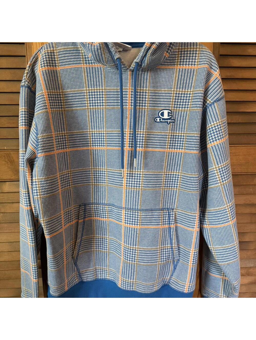 Champion blue/orange herringbone plaid hoodie